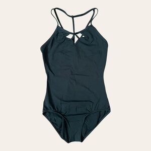 Natalie Dancewear strappy black cami leotard with cutout neckline Large